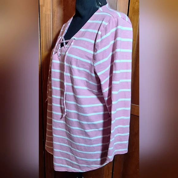 SONOMA Striped Pink and White Lace-Up Top - Picture 3 of 5